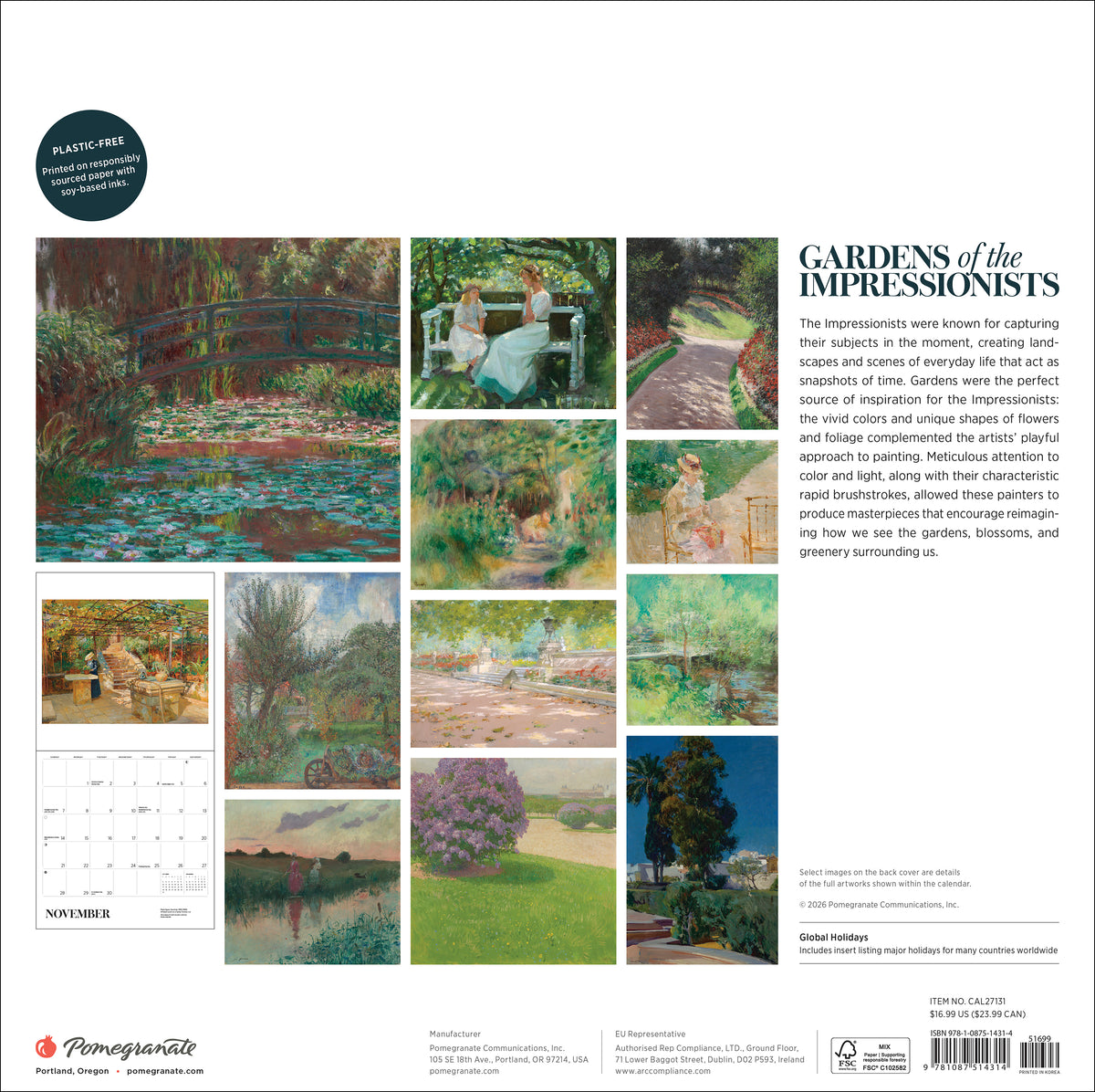 Gardens of the Impressionists 2027 Wall Calendar_Back_Multipiece
