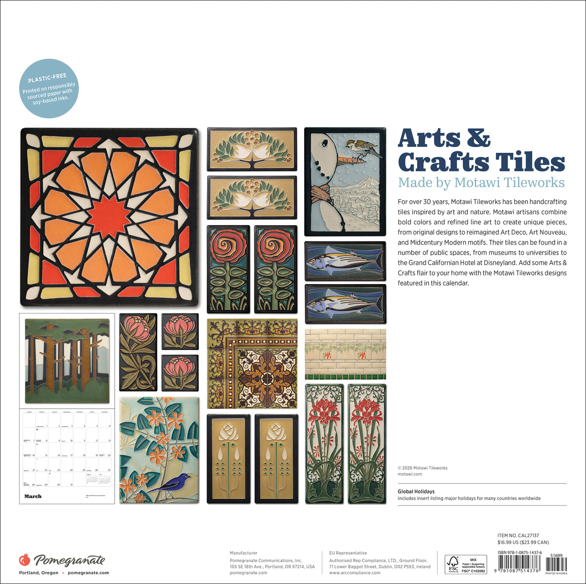 Arts & Crafts Tiles: Made by Motawi Tileworks 2027 Wall Calendar_Back_Multipiece